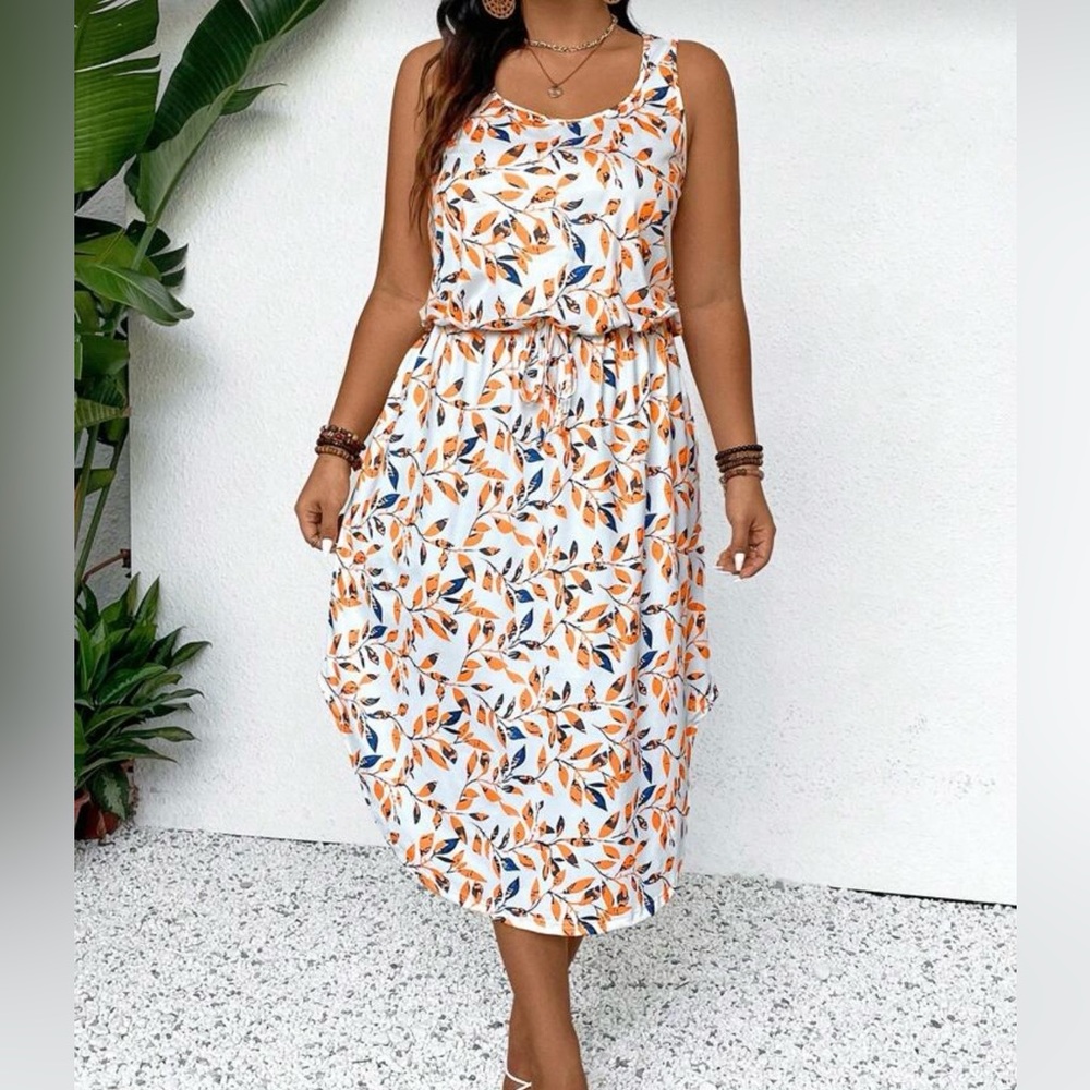Chic Floral Midi Dress in Orange and Blue